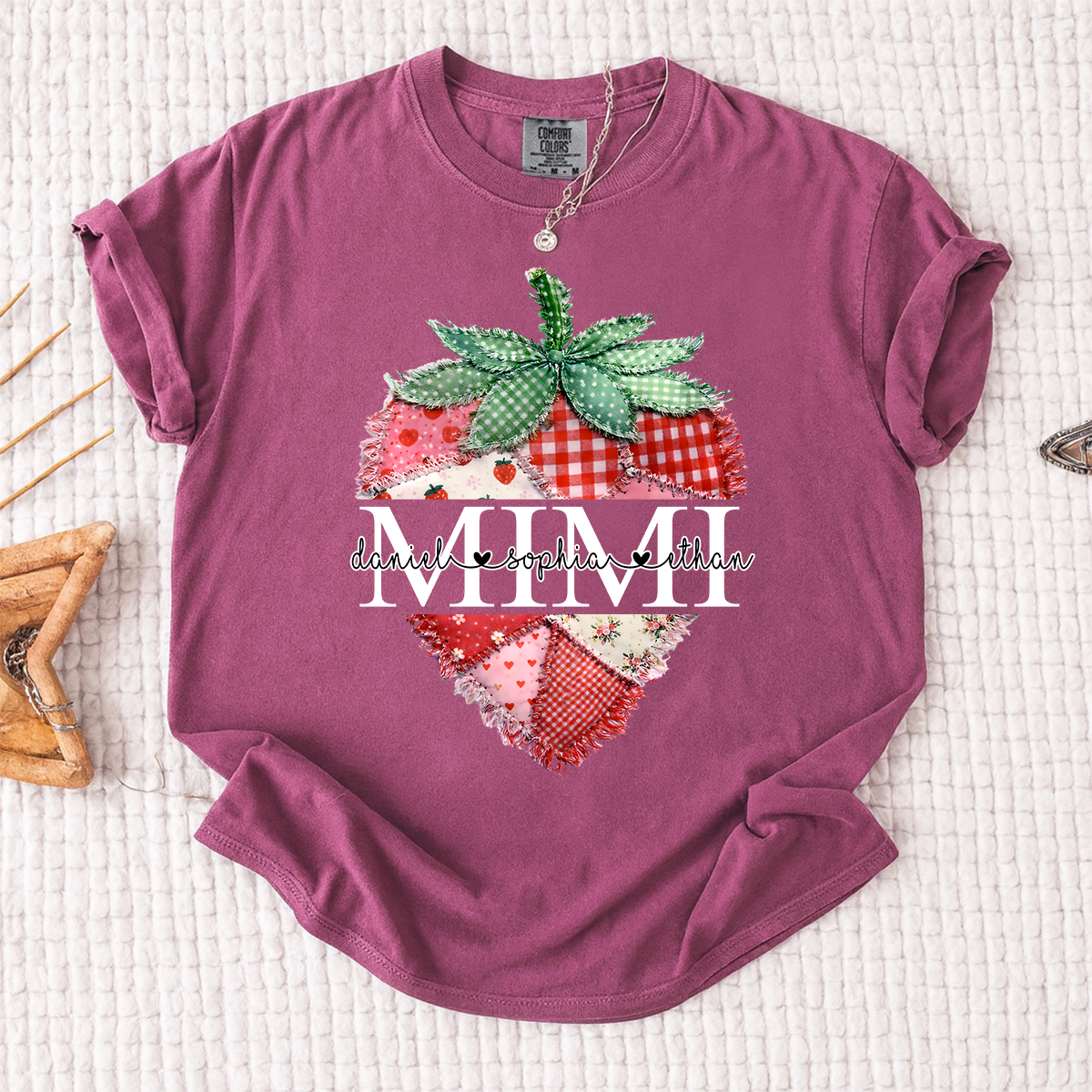 Comfort Colors Custom Mimi Strawberry Patchwork Tee, Personalized Grandma Shirt with Grandchildren Names, Birthday Christmas Family Gift