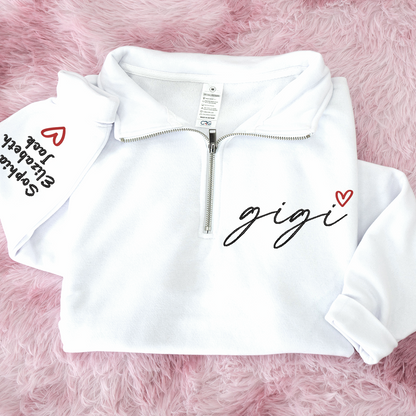 Personalized Hand Embroidered Gigi Est Sweater, Gift for Grandma and Kids Quarter Zip Sweater