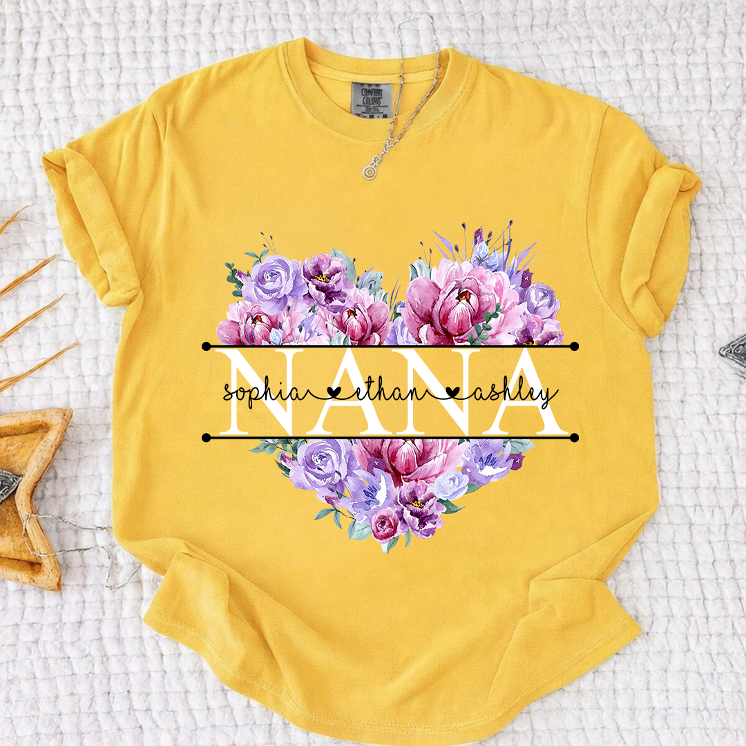 Comfort Color Personalized Nana Shirt Purple Floral Heart Design Custom Grandma Mimi Gigi Name Tee with Grandkids Names Elegant Family Outfit for Women