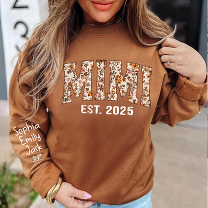 Personalized Fall Grandma, Fall Floral Sweatshirt with Name on Sleeve, Grandma Gift