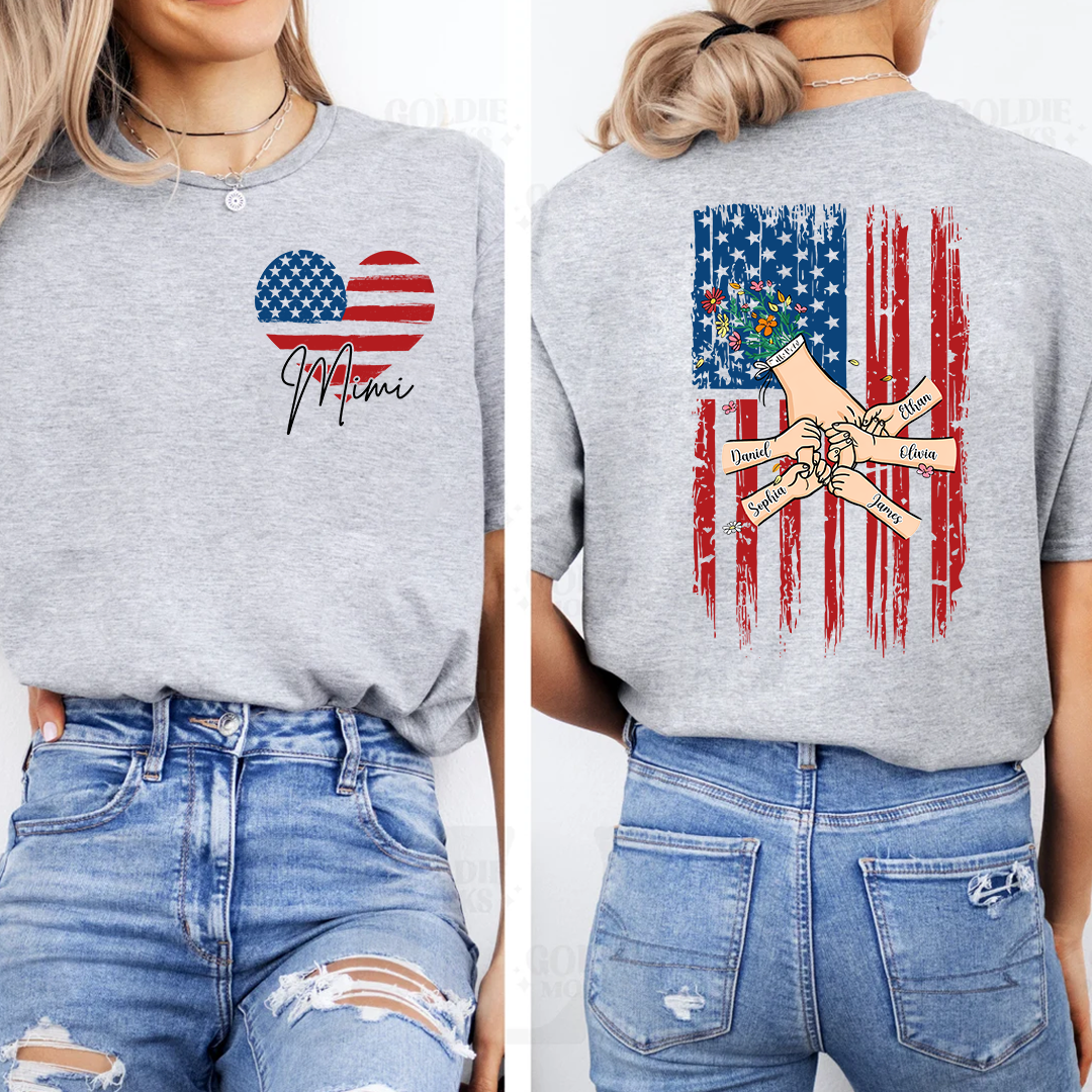Custom Mimi T Shirt with USA Flag Heart, Personalized Grandma Shirt with Family Names on Back
