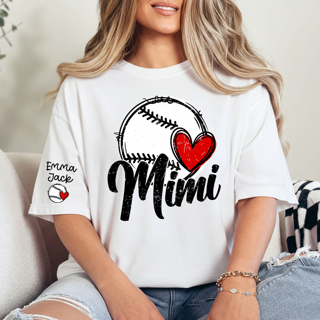 Personalized Mimi Baseball Shirt, Heart and Bat Design with Custom Names
