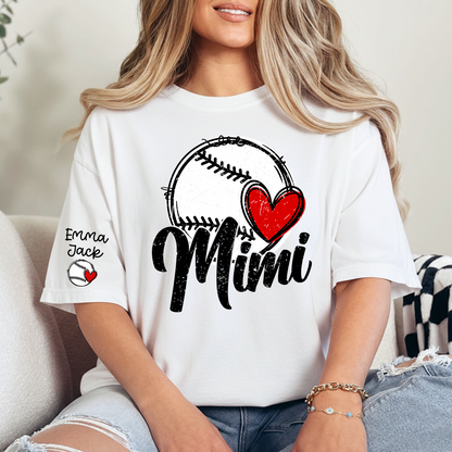 Personalized Mimi Baseball Shirt, Heart and Bat Design with Custom Names