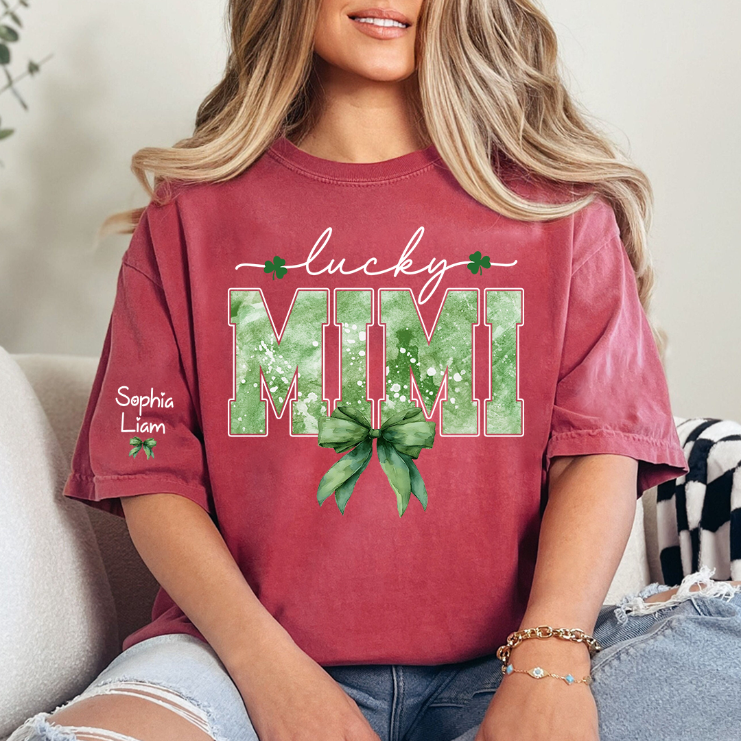 Lucky Mimi Shirt for St Patrick’s Day, Custom Name Grandma T Shirt with Shamrocks, Personalized Mimi Family Shirt