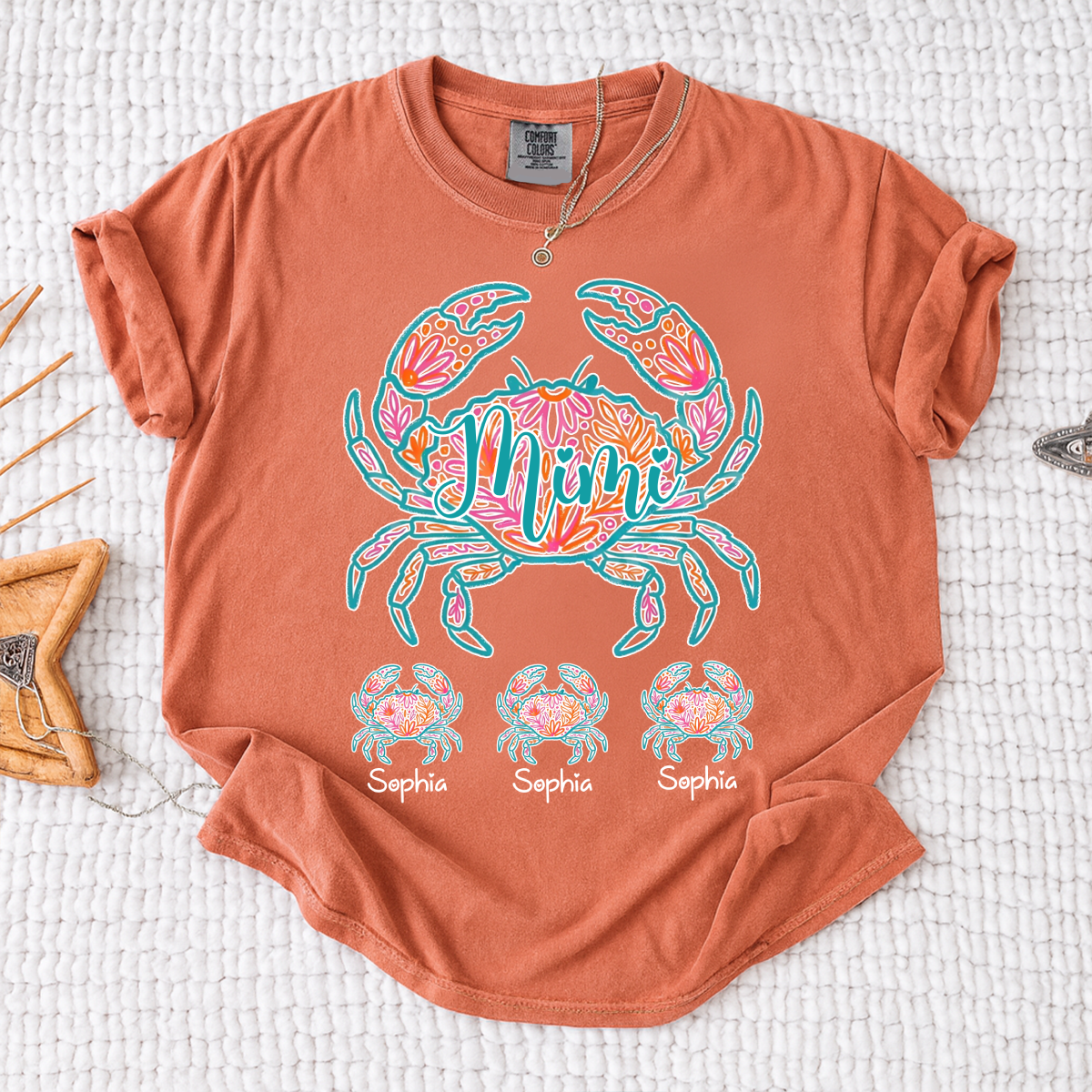 Comfort Colors Personalized Floral Crab Shirt for Women – Custom Name Cancer Zodiac Graphic Tee, Cute Beach Summer T-Shirt