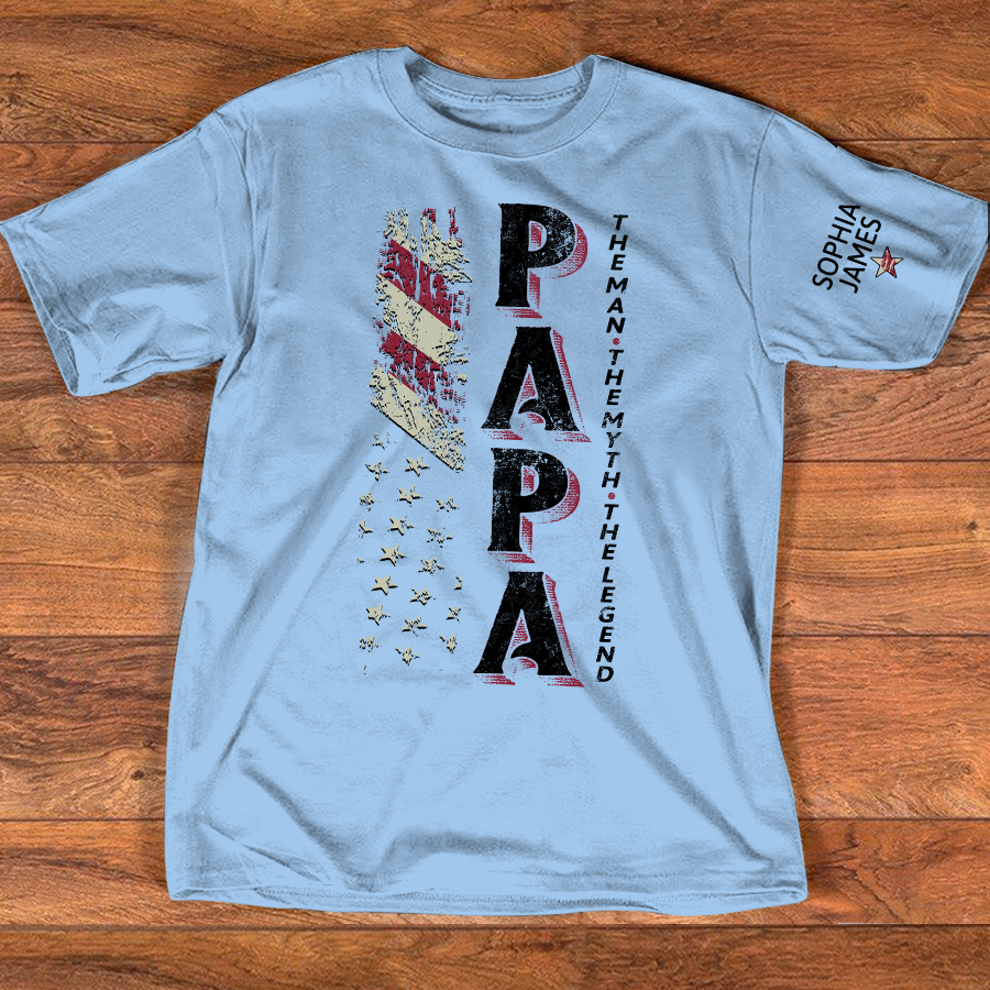 Personalized PAPA The Man, The Myth, The Legend T Shirt, Custom Family Names with American Flag Design, Perfect Gift for Father’s Day