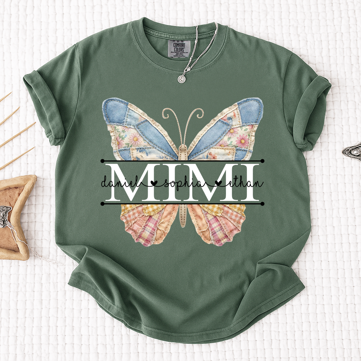 Comfort Mimi Patchwork Butterfly Shirt, Custom Grandkids Names with Floral Family Design Tee