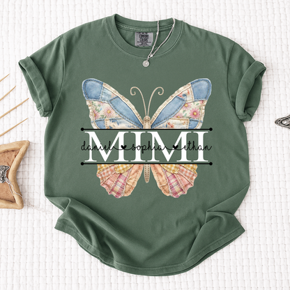 Comfort Mimi Patchwork Butterfly Shirt, Custom Grandkids Names with Floral Family Design Tee