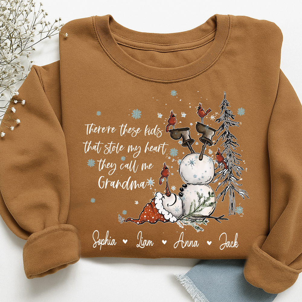 Custom Grandma Snowman Sweatshirt, There’s These Kids That Stole My Heart For Gift Grandma And Kids