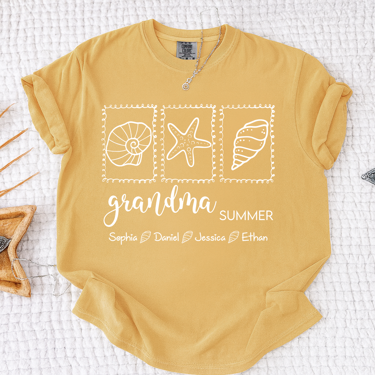 Comfort Colors Personalized Grandma Summer Shirt, Custom Grandkids Names Beach T-Shirt, Seashell Starfish Ocean Vacation Gift for Grandma