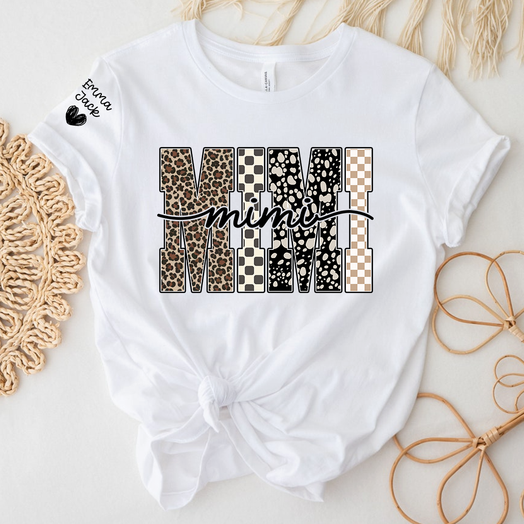 Personalized Mimi Shirt with Grandkids Names, Leopard and Checkered Pattern Family Tee