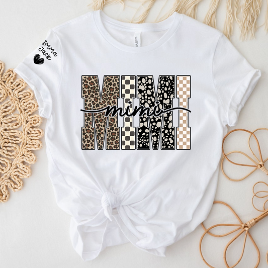 Personalized Mimi Shirt with Grandkids Names, Leopard and Checkered Pattern Family Tee