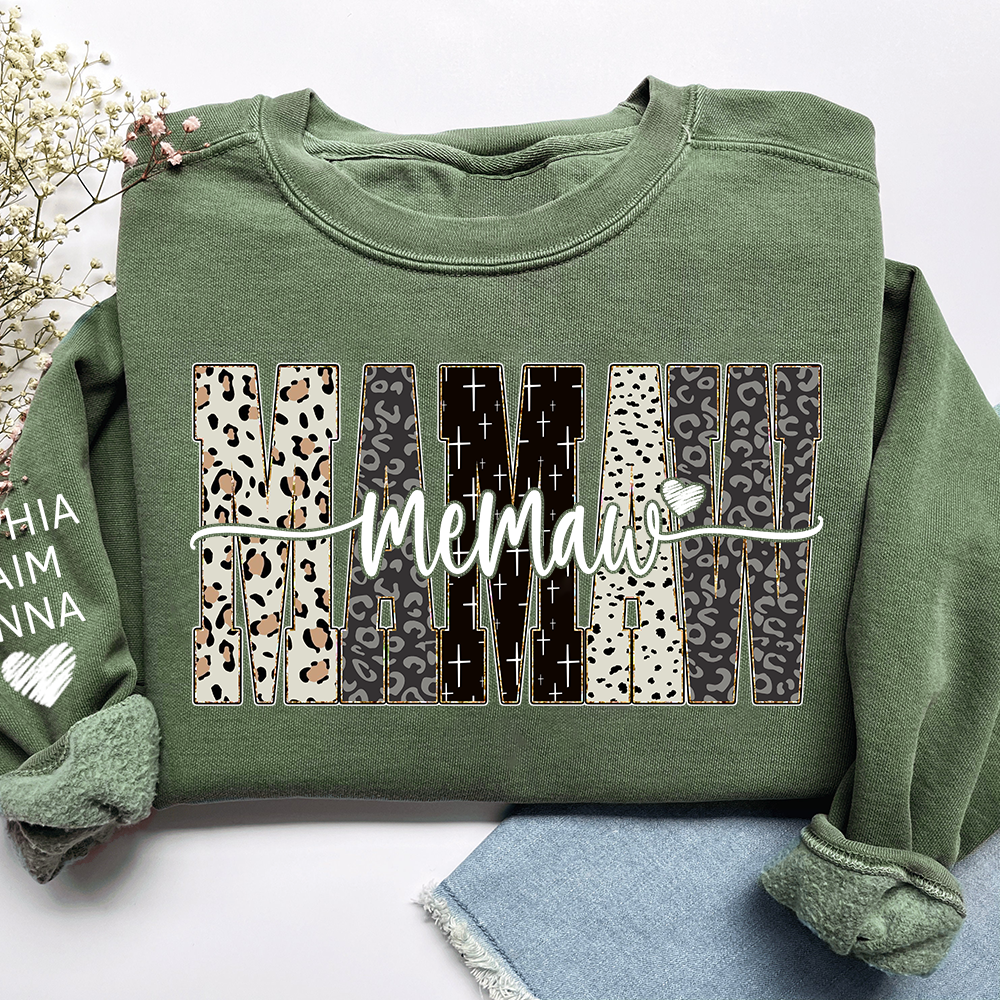 Personalized Memaw Leopard Sweatshirt – Custom Bible Style Design, Unique Gift for Grandma and Her Grandkids