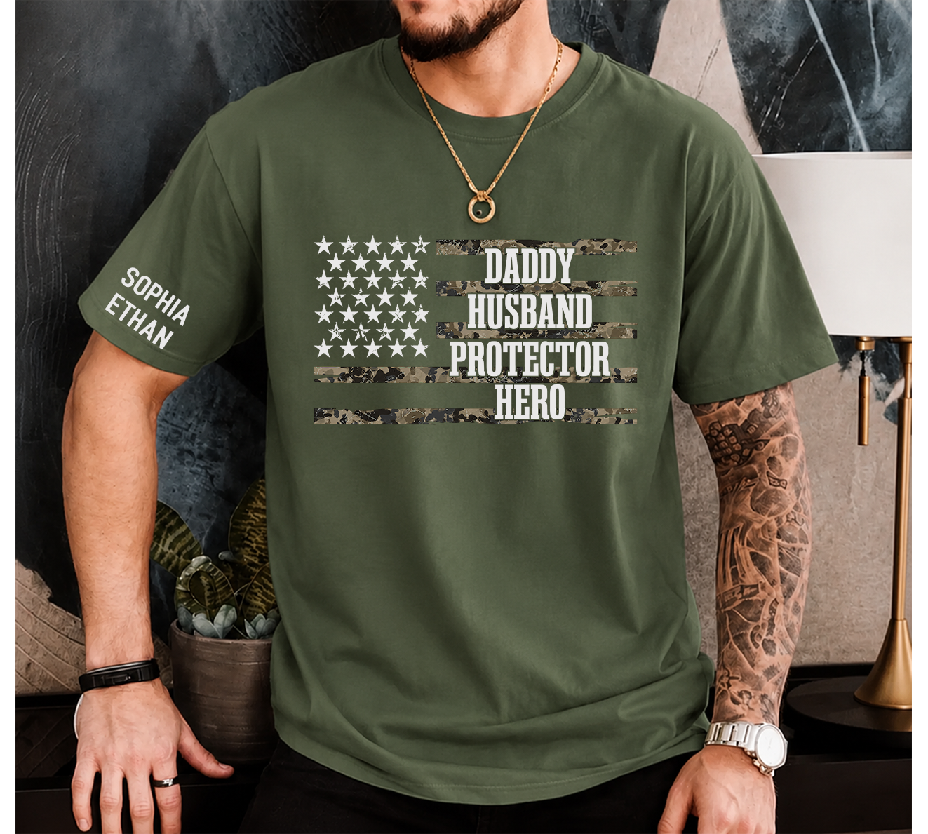 Custom Daddy Husband Protector Hero Shirt, Personalized Dad Shirt with Kids Names, Camo USA Flag Father’s Day Gift