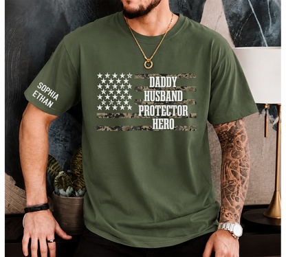 Custom Daddy Husband Protector Hero Shirt, Personalized Dad Shirt with Kids Names, Camo USA Flag Father’s Day Gift