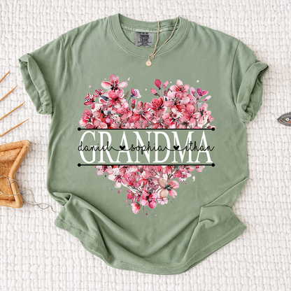 Comfort Colors Floral Heart Grandma Shirt, Custom Family Names and Heart Floral Design T Shirt