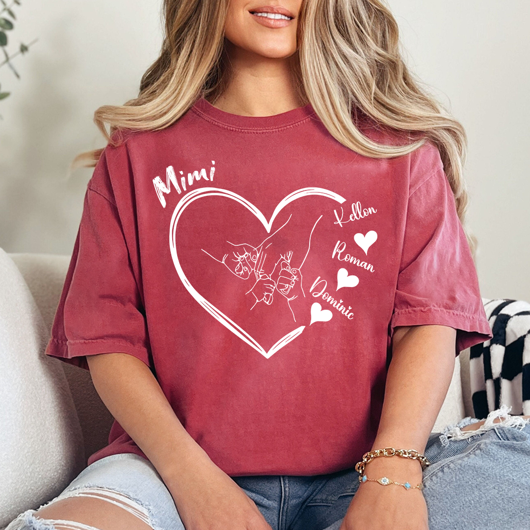 Personalized Mimi Shirt with Grandkids Names, Hands Holding Heart Graphic Family Tee
