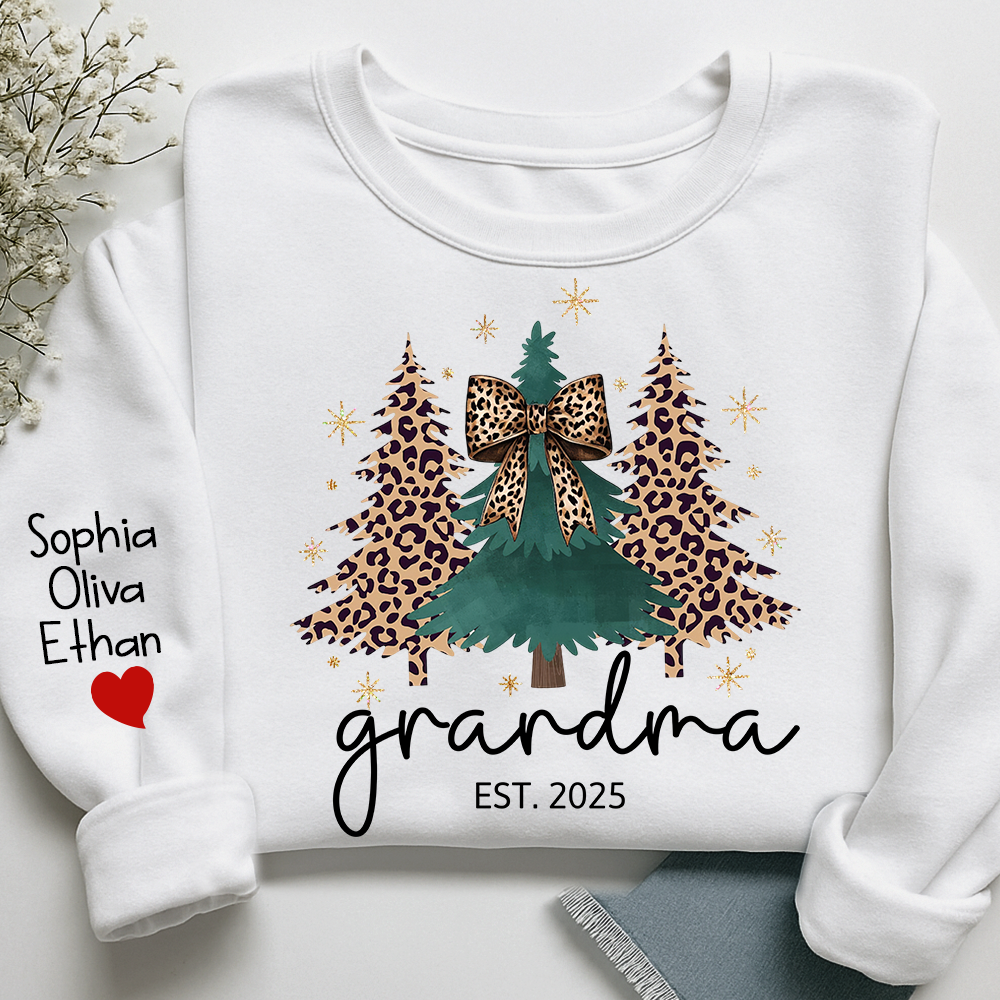 Christmas Sweater Printed with Personalized Name, Leopard Christmas Tree Personalized Gift for Grandma