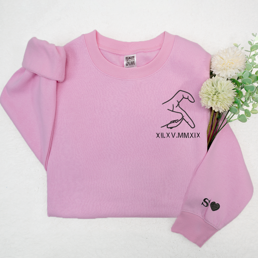 Custom Embroidered Sweatshirt,Custom Embroidered Roman Numeral Date - Initials On Sleeves TH