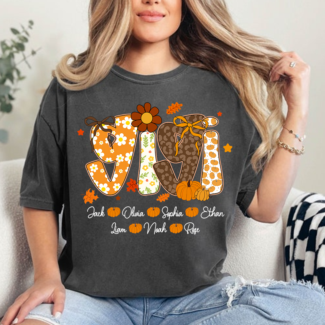 Personalized Pumkin Grandma TShirt, Custom Gigi Nickname with Kids’ Names
