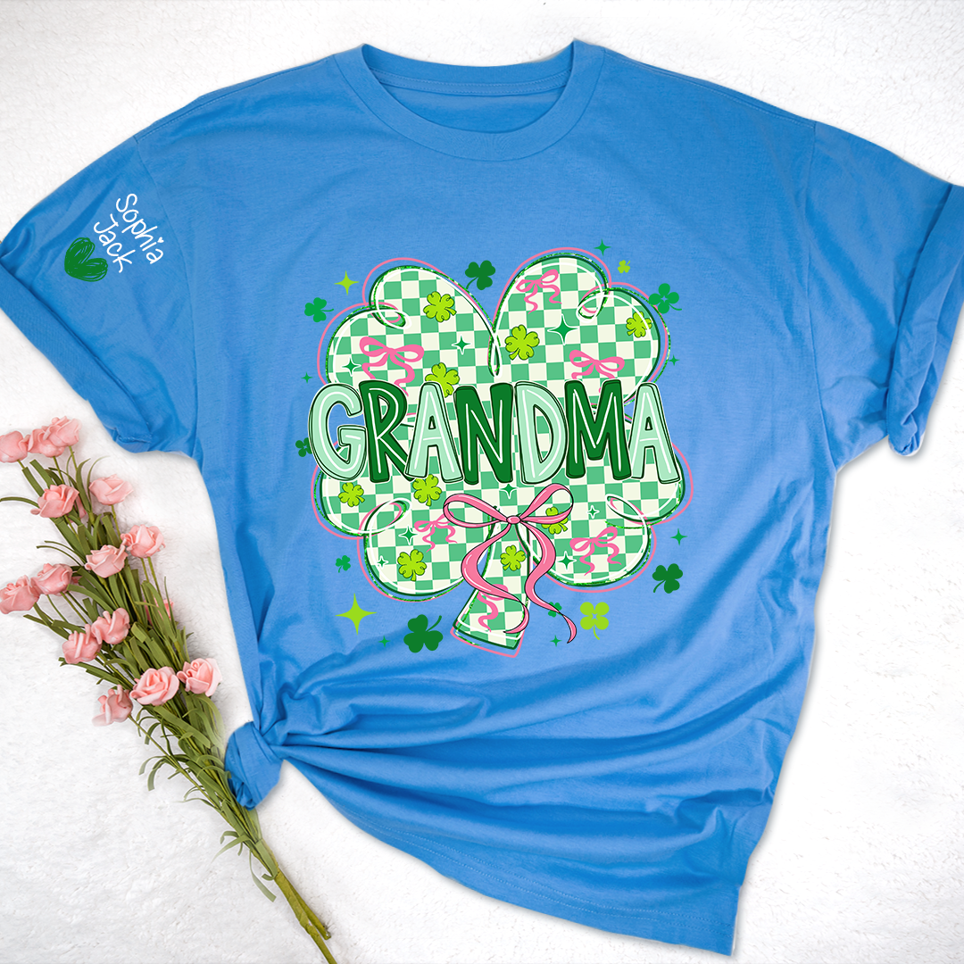 Heart Mimi T-Shirt For St Patrick’s Day, Personalized Grandma Shamrock Clover T Shirt With Kids Names
