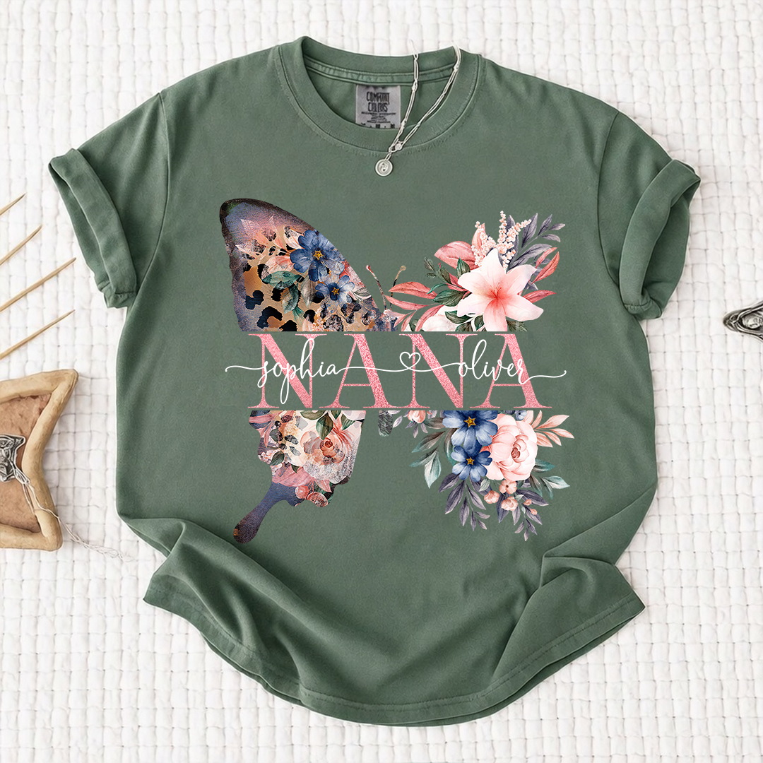 Comfort Colors Personalized Nana Shirt with Floral Butterfly Design Custom Name Grandma Mimi Gigi Family Tee Unique Grandkids Names Gift for Her