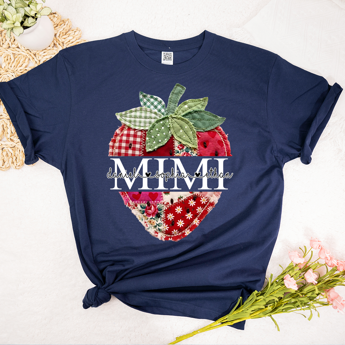 Personalized Mimi Shirt with Kids Names, Vintage Strawberry Patchwork Design Tee, Cute Grandma Gift for Summer