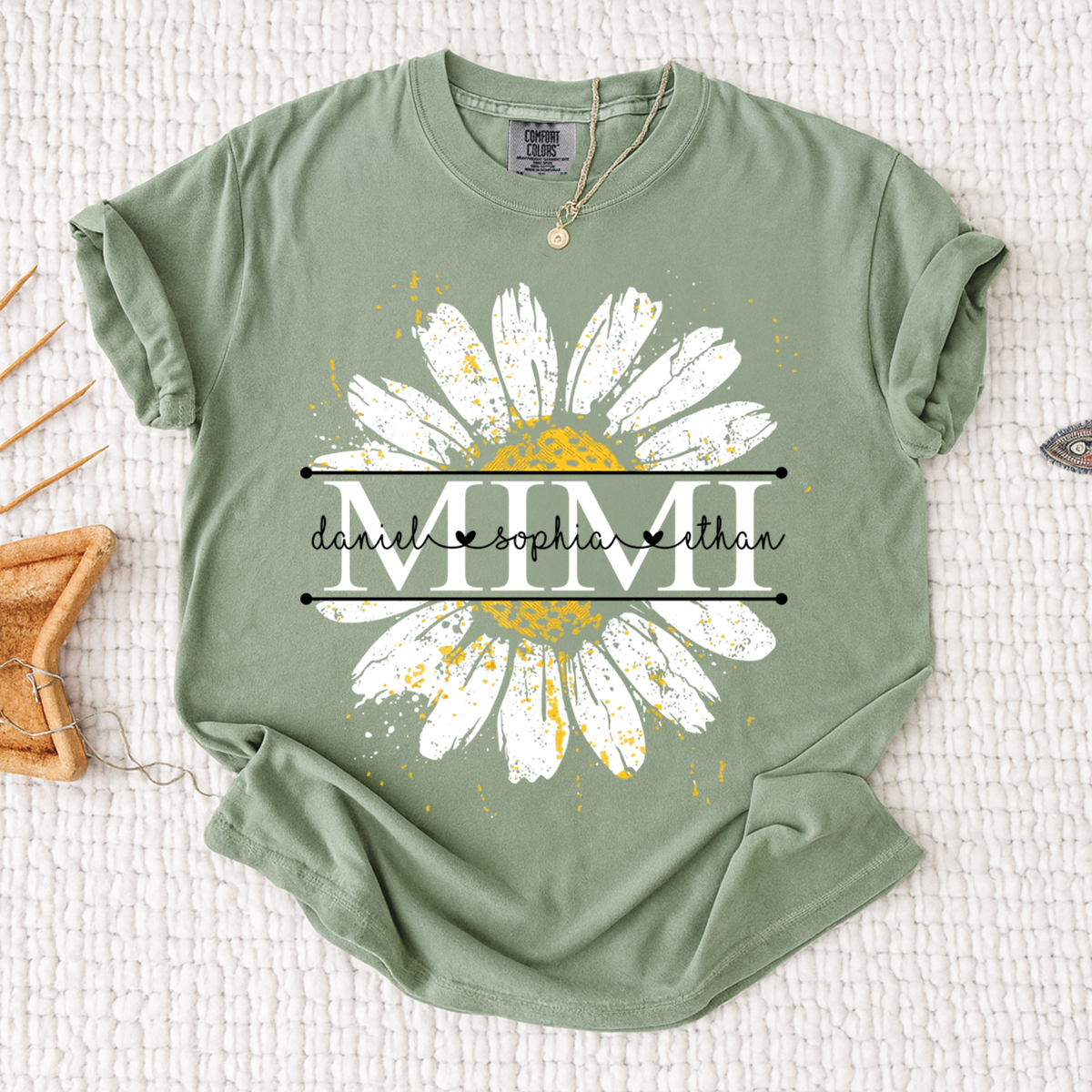 Comfort Personalized Mimi Shirt with Grandkids Names, Daisy Flower Graphic Family T Shirt