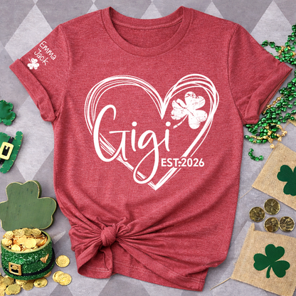 Cute Green T-Shirt With Gigi Shamrock Heart Print For St. Patrick's Day, With Your Grandchildren's Names