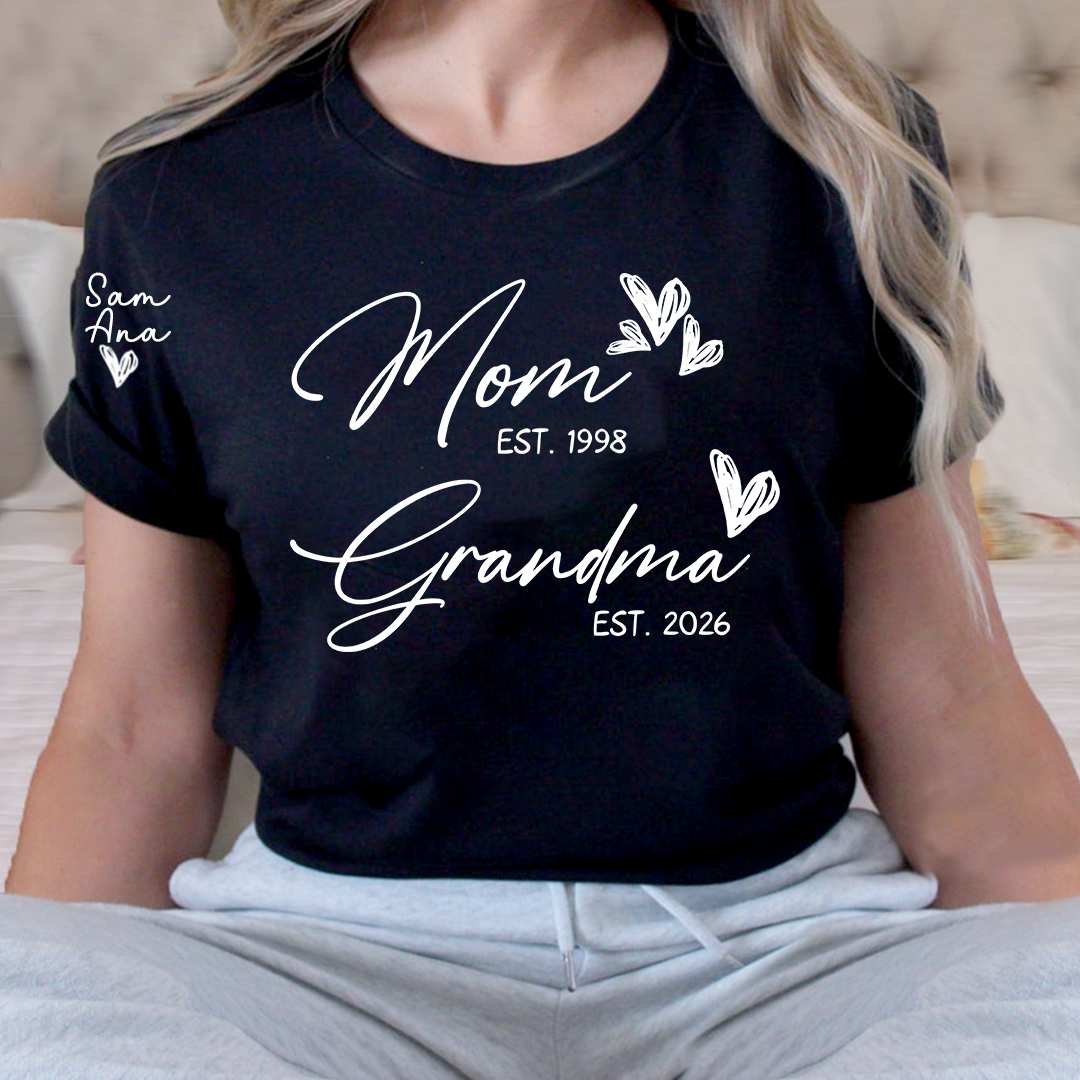 Personalized Mom and Grandma T-Shirt, Custom EST Year T-Shirt with Heart and Arrow Design for Mom and Grandma