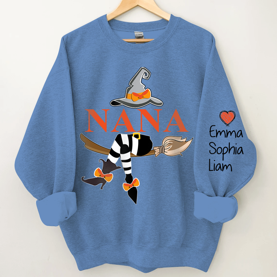 Personalized Nana Witch Halloween Sweatshirt, Custom Grandma With Grandkids Holiday Sweatshirt