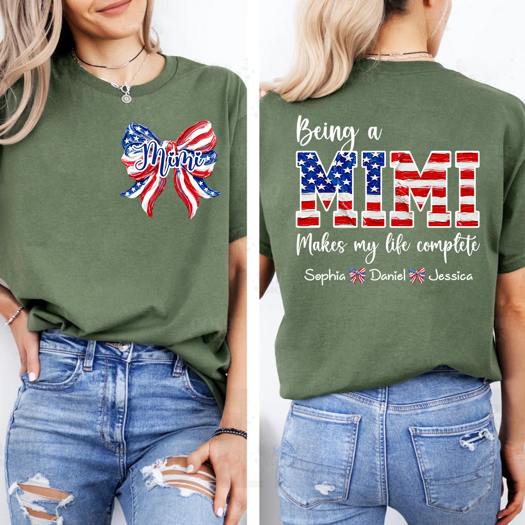 Personalized Mimi Patriotic Shirt, Being a Mimi Tee with Kids Names, American Flag Bow Graphic Gift