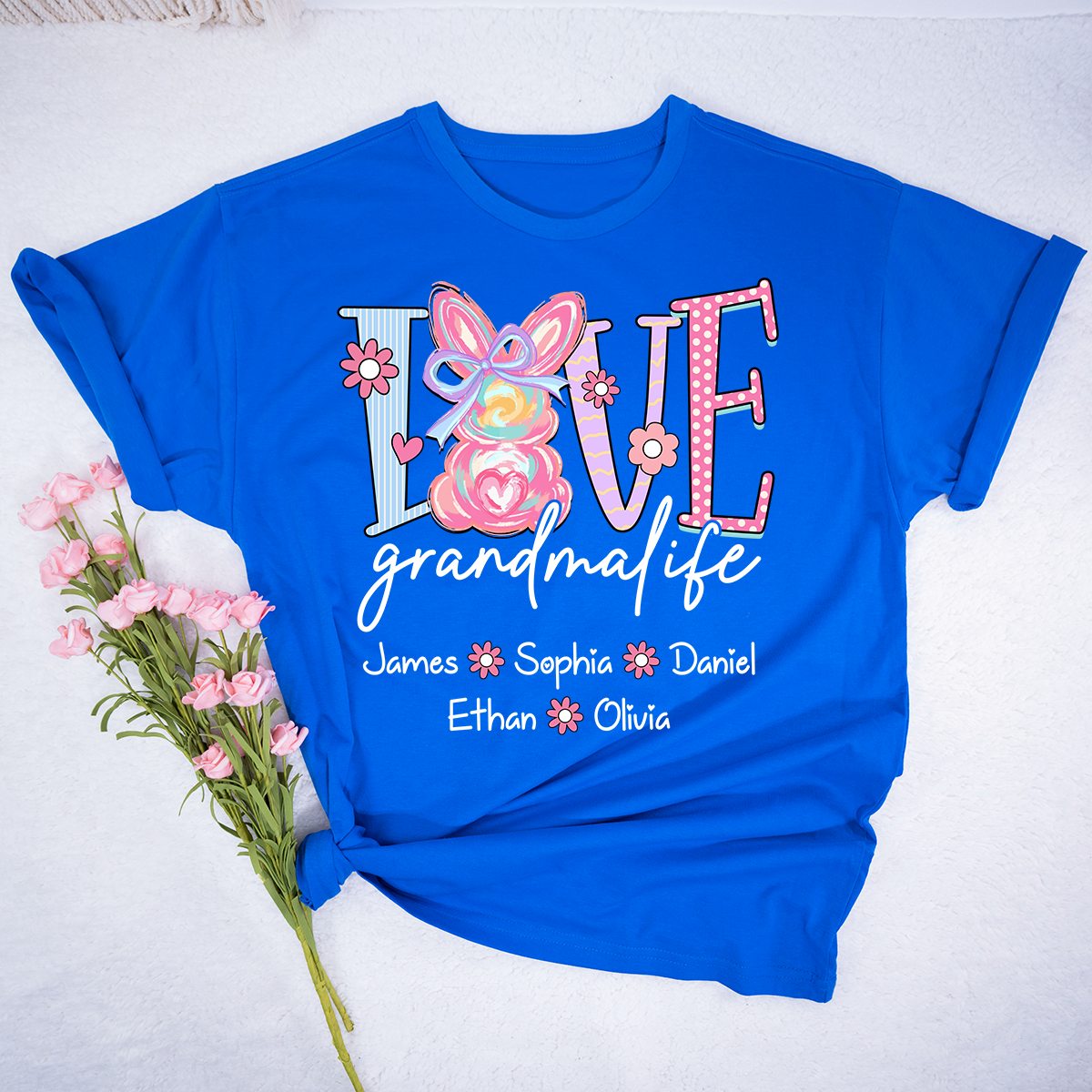Grandma Life Shirt Love Design, Personalized Bunny Floral Grandma Tee