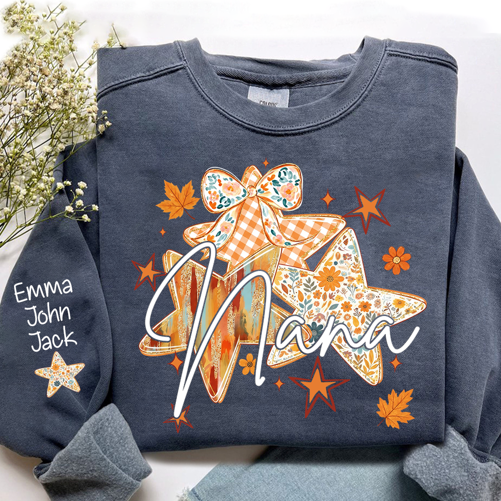 Personalized Nana Shirt for Women, Autumn Star Floral Design Tee, Custom Grandma T Shirt, Cozy Family Gift
