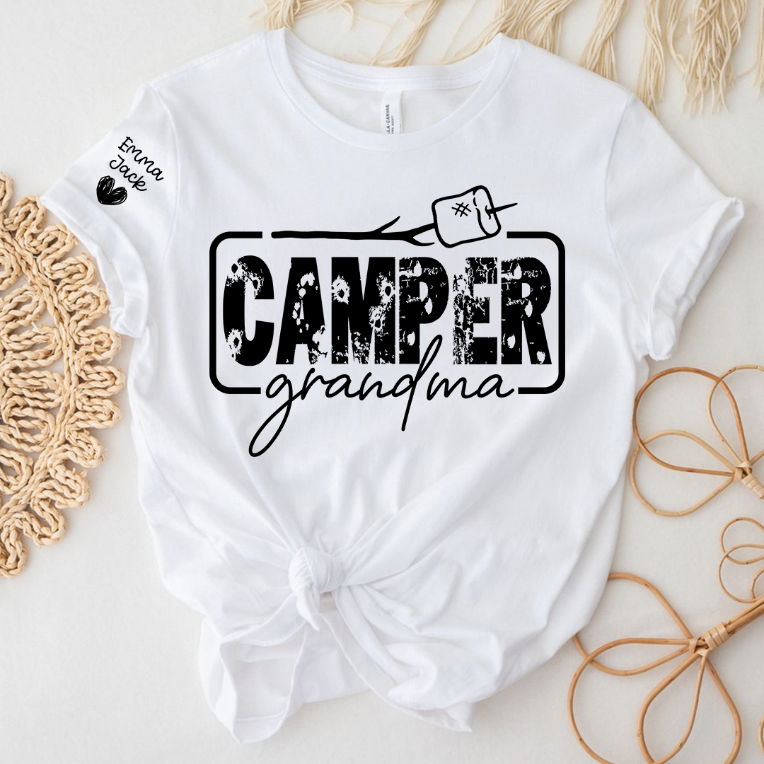 Camper Grandma Shirt, Funny Camping Grandma Tee, Personalized Grandkids Names Sleeve Shirt, RV Camper Gift for Grandma
