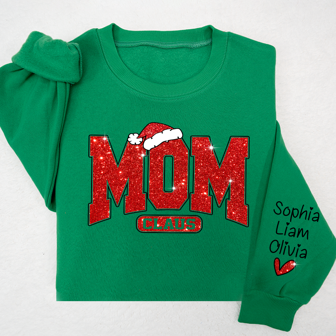 Glitter Merry Christmas Mom Sweatshirt With Kid Names On Sleeve, Mothers Day Gift LTP01