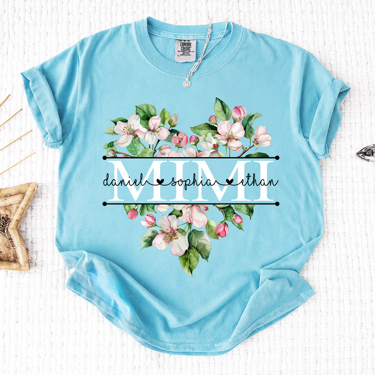 Comfort Personalized Mimi Flower Heart Shirt, Custom Names Family Gift T Shirt