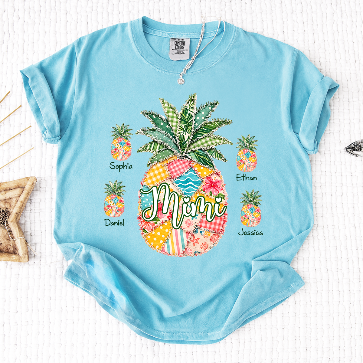 Comfort Colors Personalized Mimi Pineapple Shirt with Grandkids Names, Custom Grandma Tropical T Shirt for Women, Summer Beach Family Gift