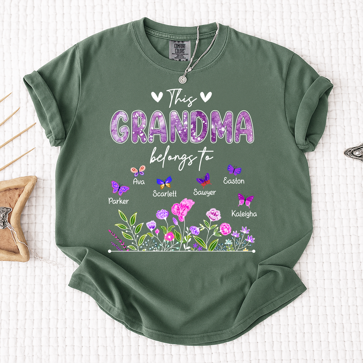 Comfort Colors® This Grandma Belongs To Tee, Custom Grandma Shirt with Grandkids Names, Floral Garden Theme, Meaningful Family Apparel