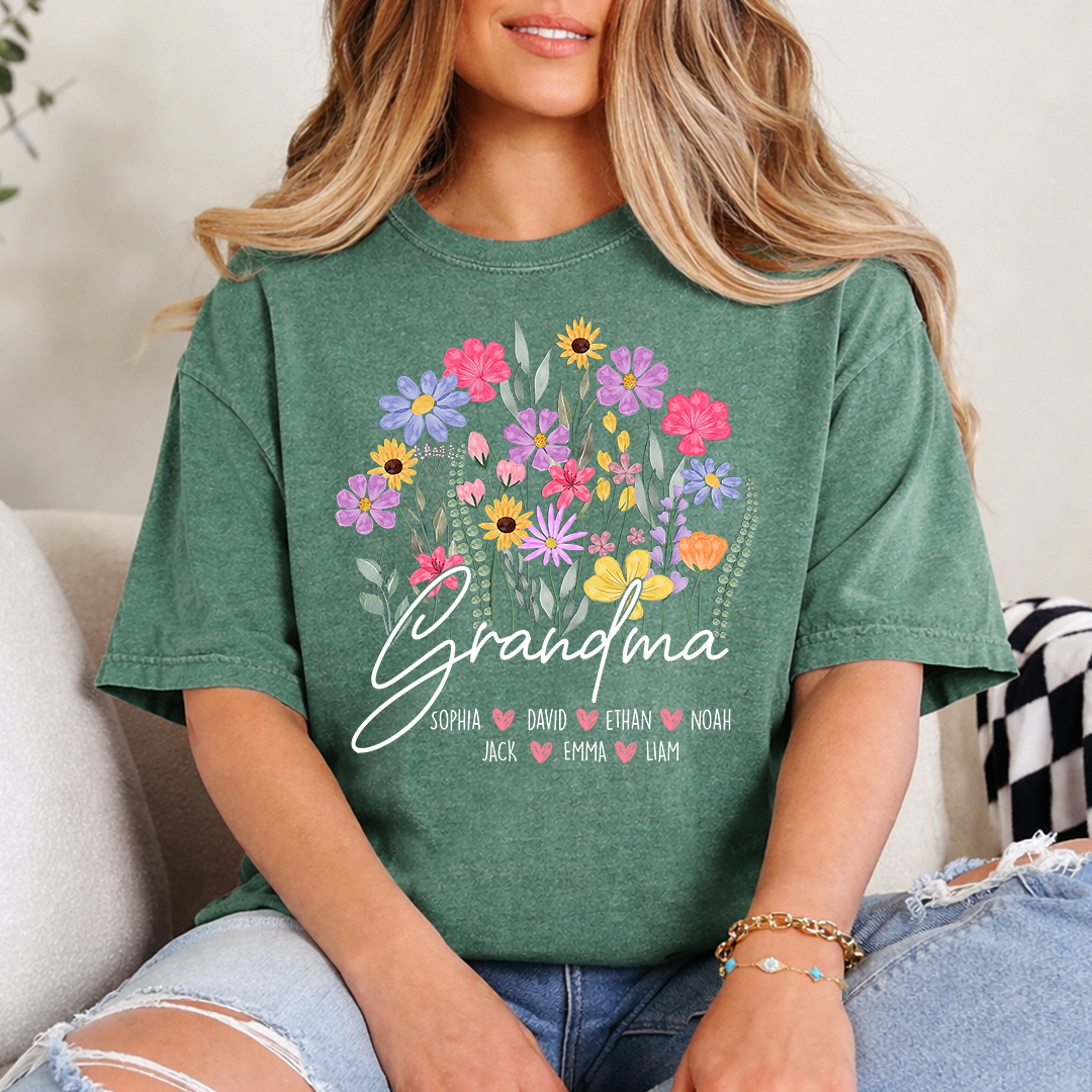 Personalized Grandma Floral Shirt, Custom Family Names T-Shirt with Wildflower Design