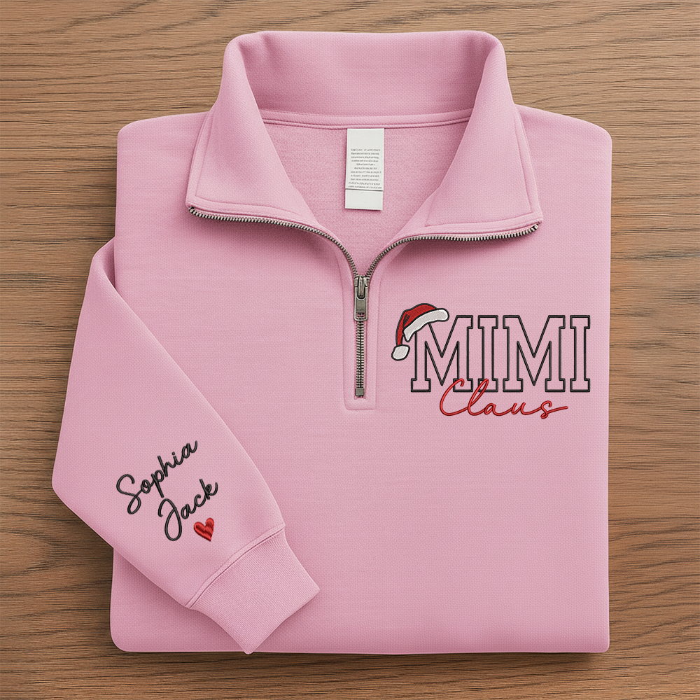 Personalized Christmas Mimi Claus Zip Sweatshirt – Custom Grandma Embroidered Gift With Kids Names On Sleeve