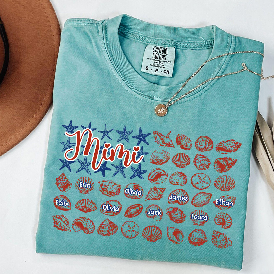 Comfort Colors Custom Mimi Shirt with Kids Names, Personalized Beach Shells Grandma Tee, Summer Family Vacation Gift for Grandmother