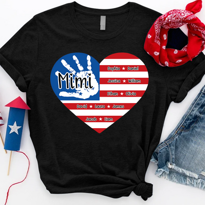 Mimi Custom T Shirt with Family Names, American Flag Heart and Handprint Design, Ideal Gift for Mimi