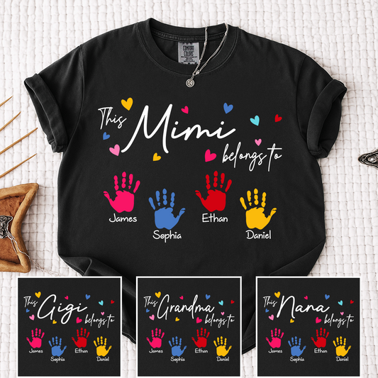 Comfort Colors® This Mimi Belongs To Shirt, Personalized Name Mimi Tee, Colorful Handprint Design, Custom Family Gift for Grandma