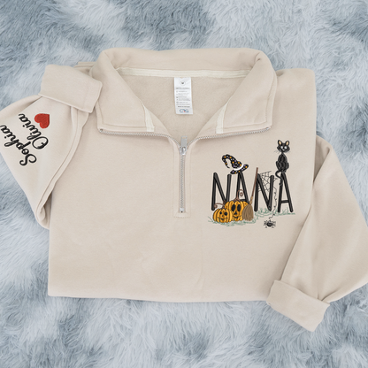 Personalized Nana Halloween Quarter Zip, Custom Embroidered Pumpkin Sweatshirt