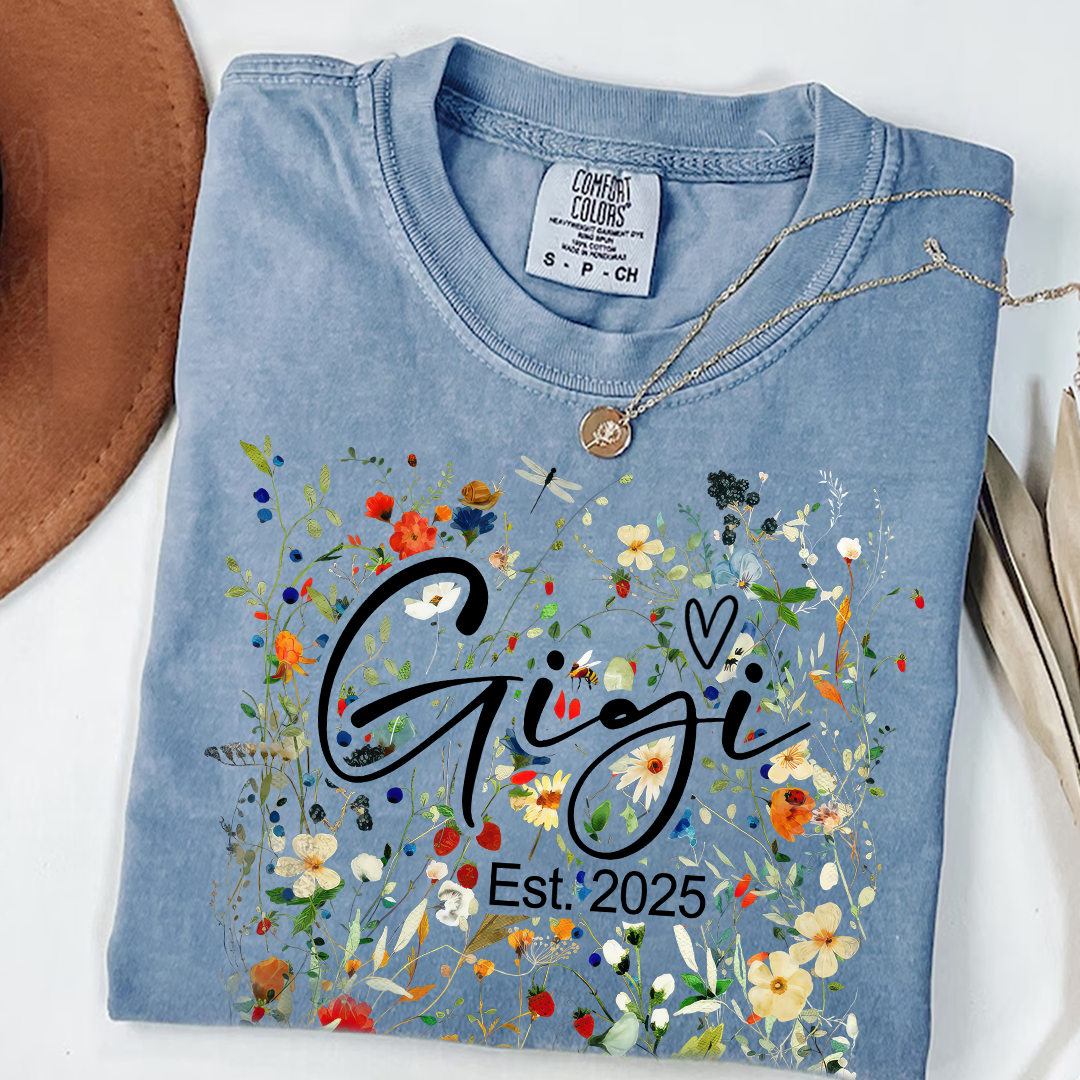 Comfort Colors® Gigi Est Wildflower T-Shirt, Custom Grandma With Grandkids Shirt