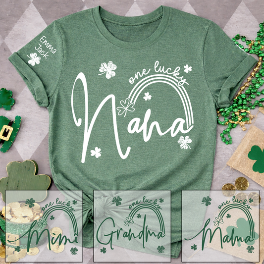One Lucky Nana St Patrick’s Day T-Shirt, Personalized Shamrock Family For Grandma And Kids