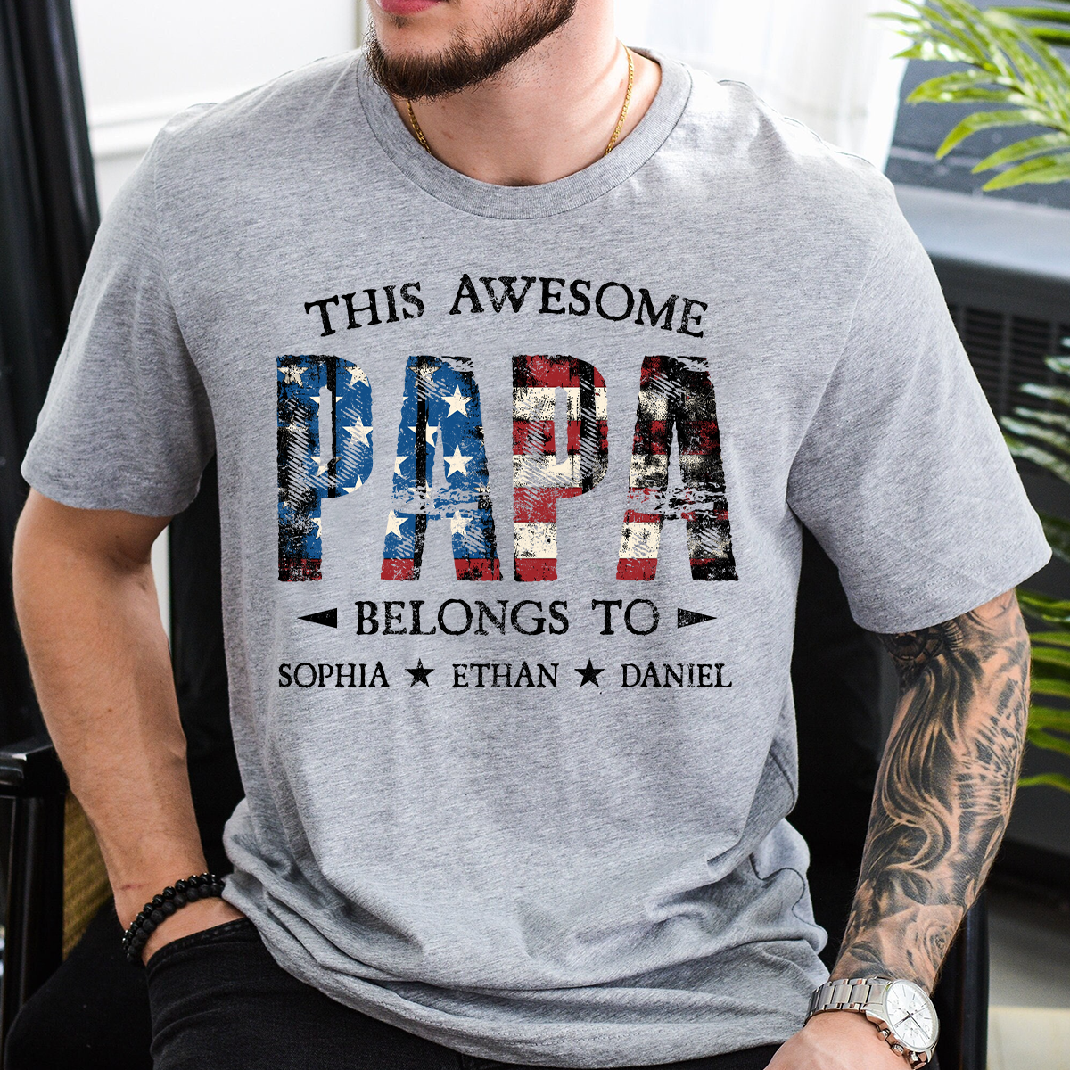 Custom This Awesome PAPA T Shirt, Personalized with Kids Names, Unique American Flag Design for Father's Day