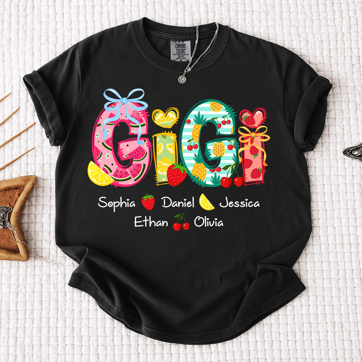 Comfort Colors Custom Gigi Shirt for Grandma, Personalized Family Name T Shirt, Summer Fruit Graphic Tee with Kids Names