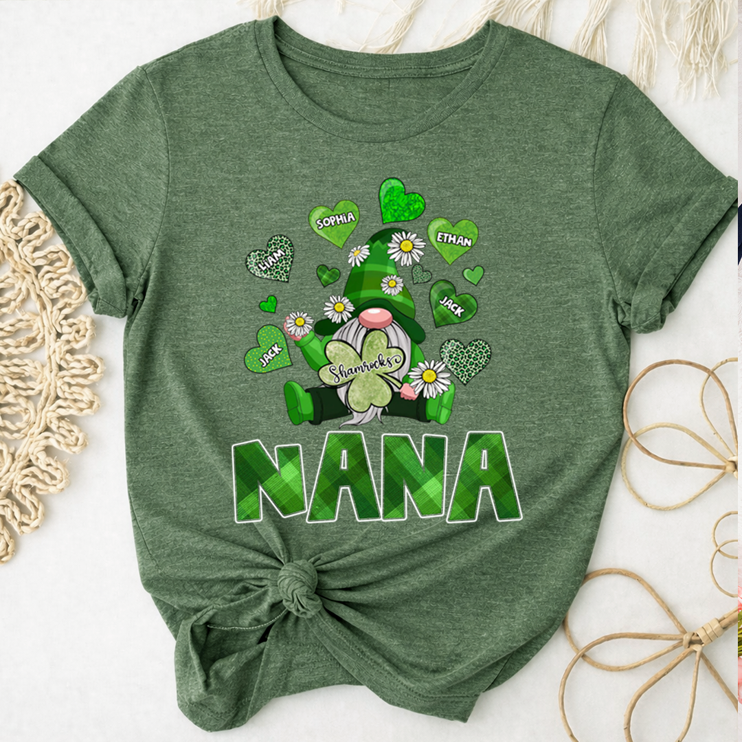 Nana Shamrock Shirt for St Patrick’s Day, Personalized Family Gnome T Shirt, for Grandma and Kids